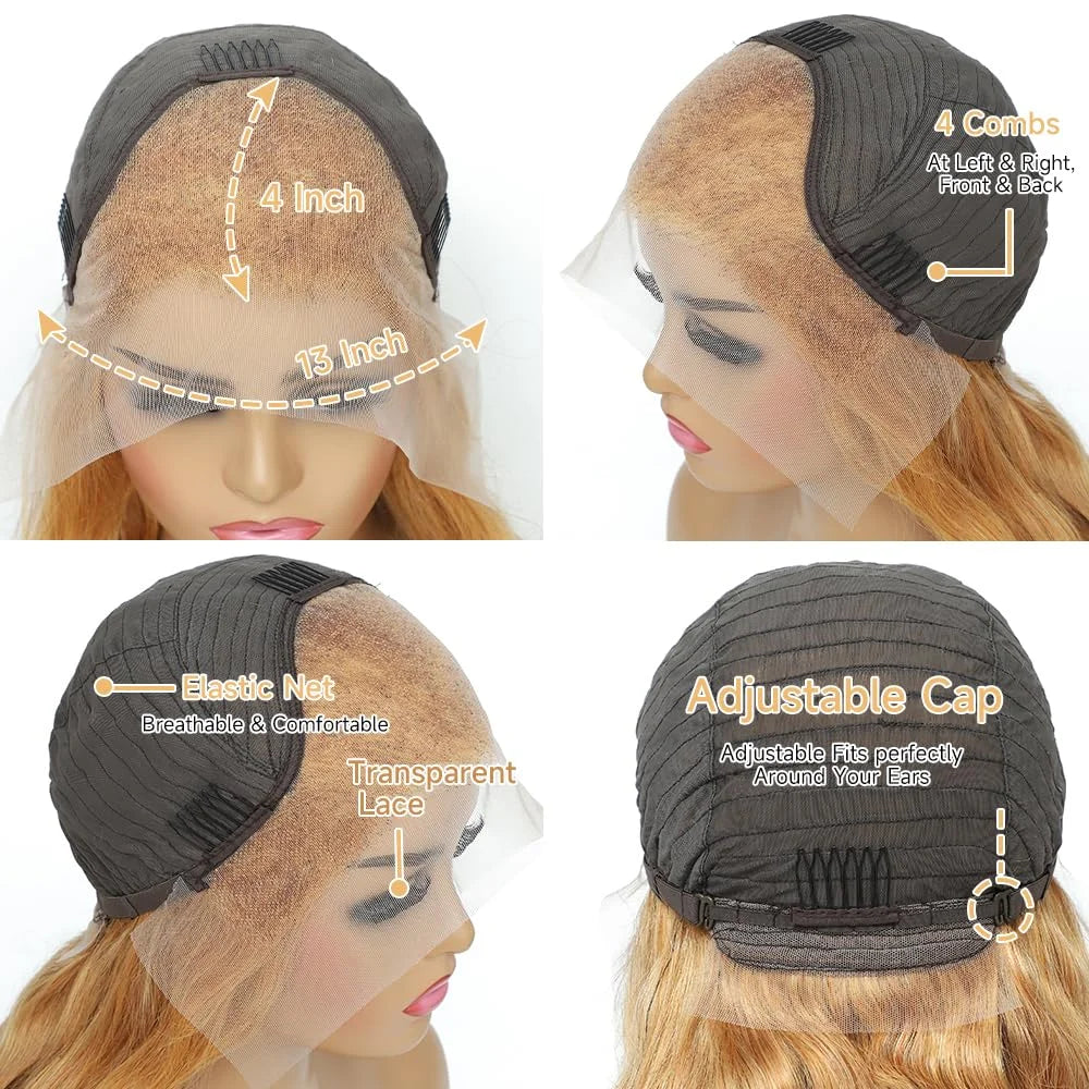 #27 Body Wave Honey Blonde Lace Front Wig HD Transparent Glueless Brown Colored Bob Human Hair Wigs on Sale Clearance for Women