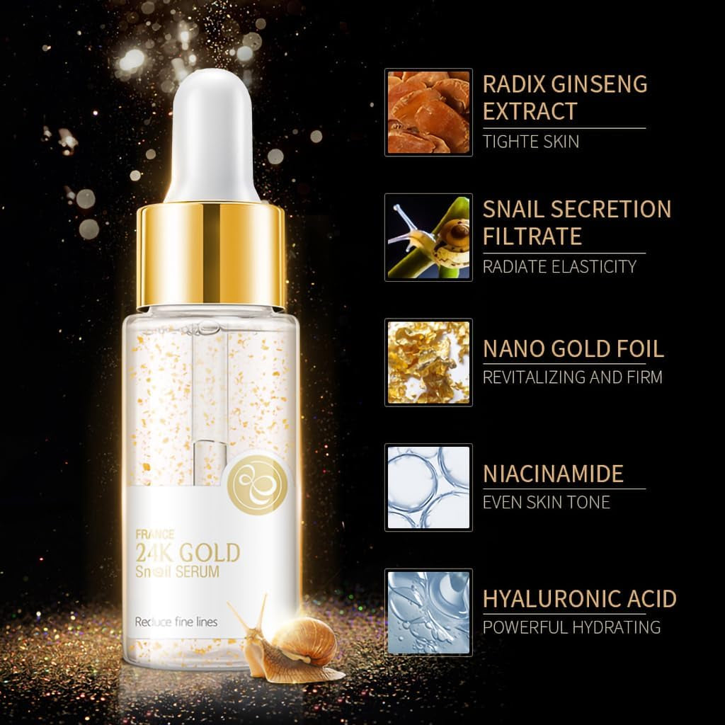 24K Mucin Snail Essence, Snail Mucin Serum Face Moisturiser with Hyaluronic Acid Serum, Niacinamide Serum, Ginseng Extract, Skincare for Hydrating, Anti-Wrinkle, Even Skin Tone