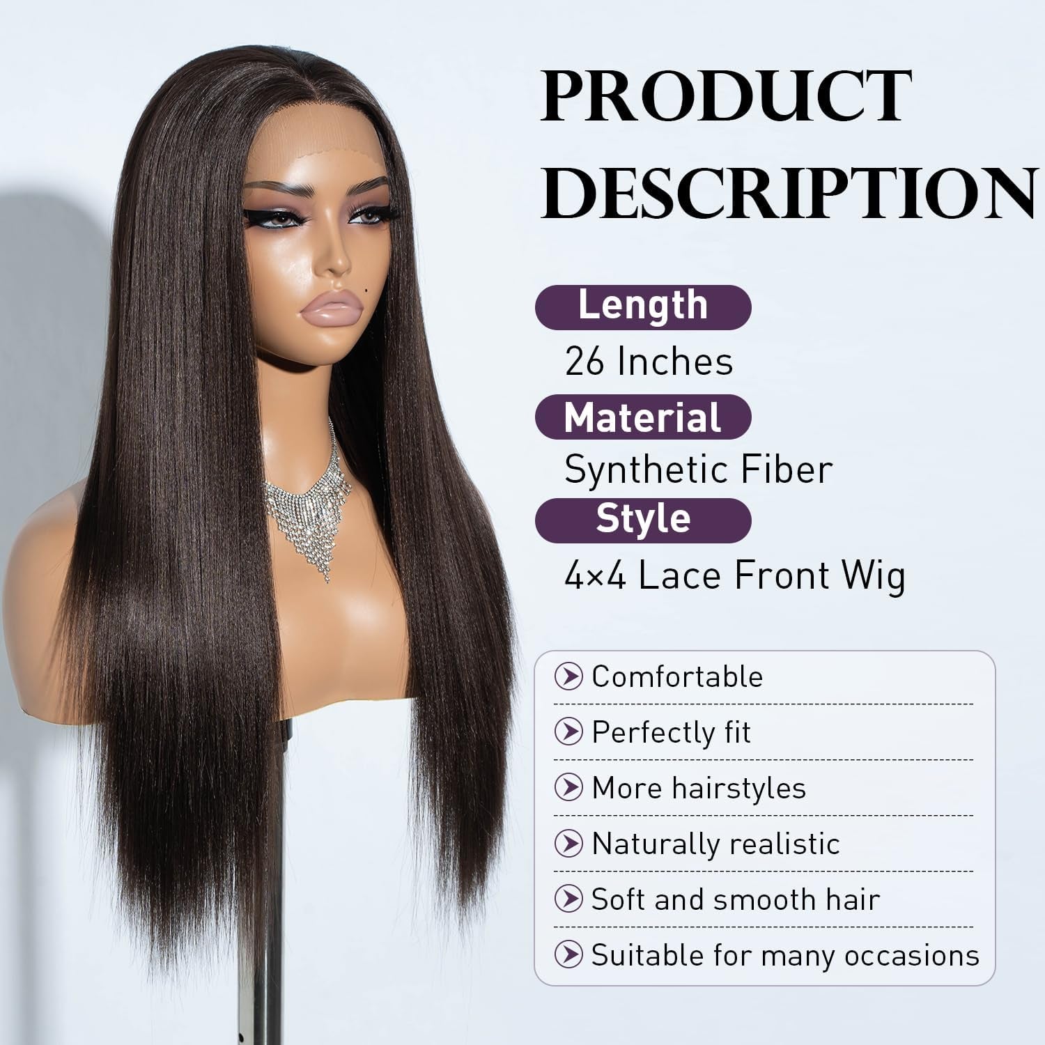 13X4X4 Lace Frontal Wig Long Straight Free Parting Silk Base Lace Wigs 26 Inches Straight Wig Synthetic Lace Front Wigs for Women Daily Party Wear