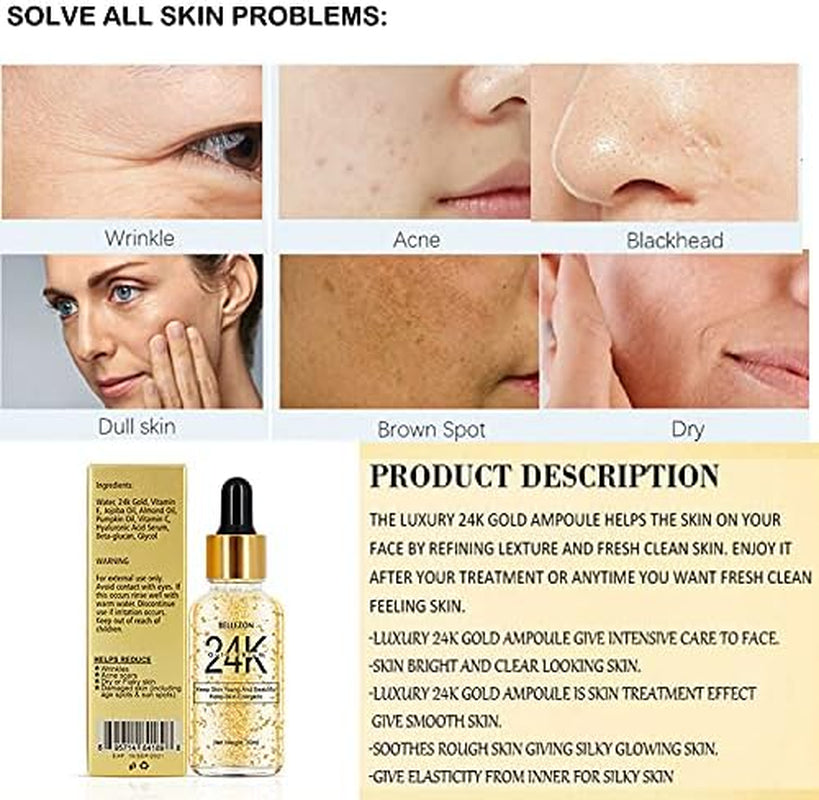 , 24K Gold Serum Moisturizing Essence, 99% Pure Gold Anti-Aging Essence, Nourishing Anti-Aging Gold Serums for Face Skin Anti-Aging Skin Repair Moisture Firming Lifting Skin