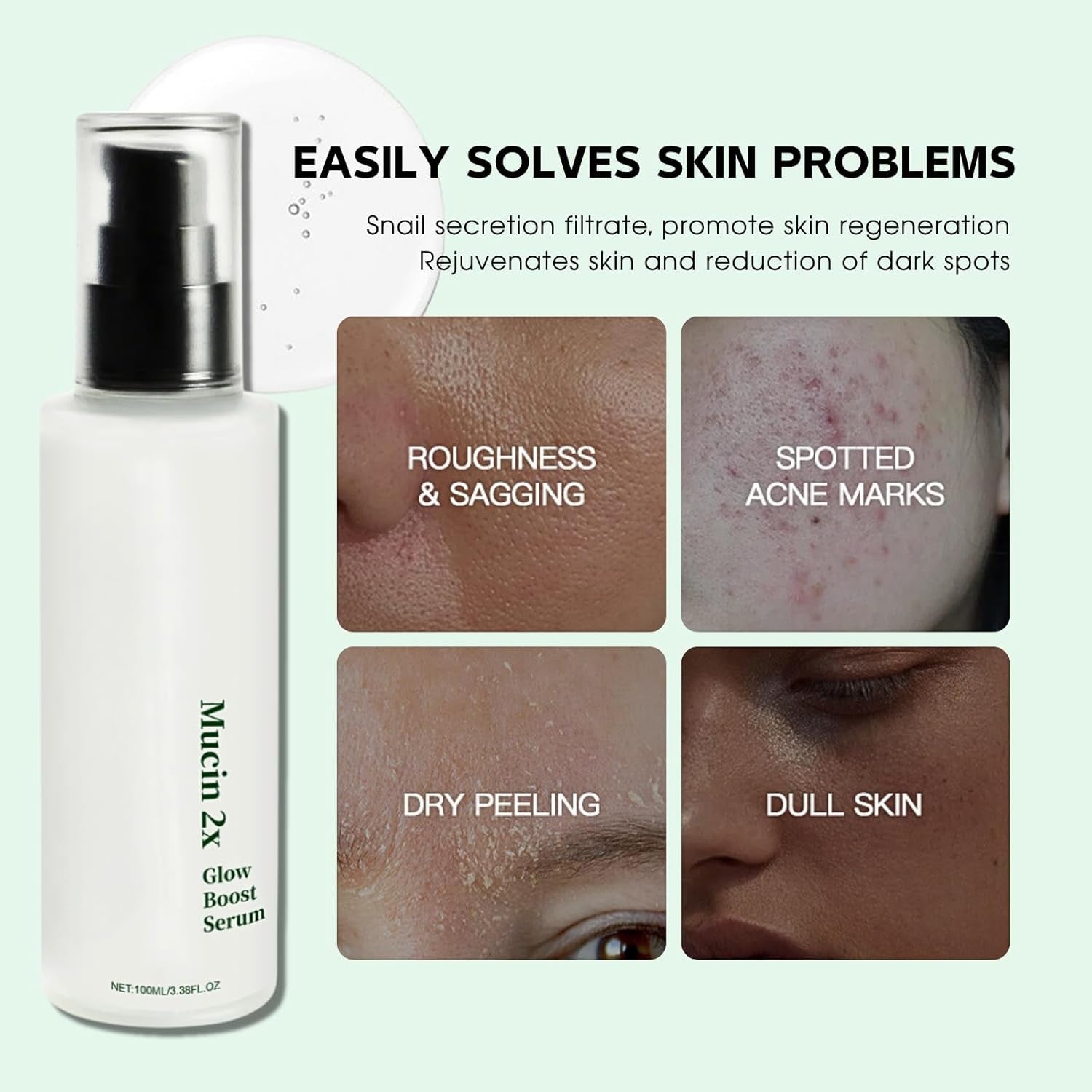 Snail Mucin Essence, Glow Boost Face Serums, Snail Facial Serum, Hydrating Serum, Niacinamide Serum with Niacinamide Snail Secretion Filtrate, for Dehydrated Damaged Skin Repair