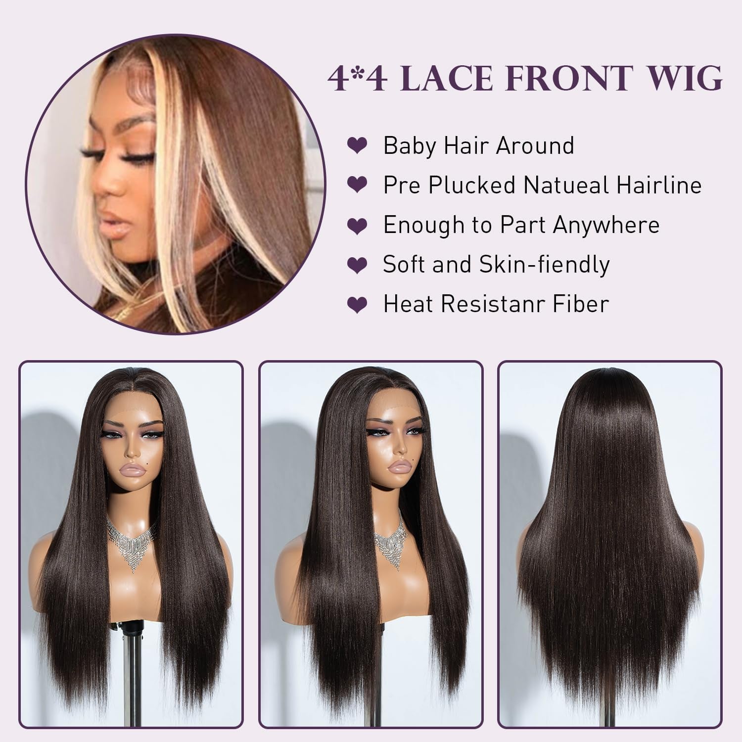 13X4X4 Lace Frontal Wig Long Straight Free Parting Silk Base Lace Wigs 26 Inches Straight Wig Synthetic Lace Front Wigs for Women Daily Party Wear