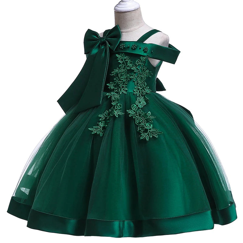 3-10 Years Kids Christmas Party Dresses For Girls Appliques Flower Elegant Wedding Dress With Bow Children Birthday Prom Gown
