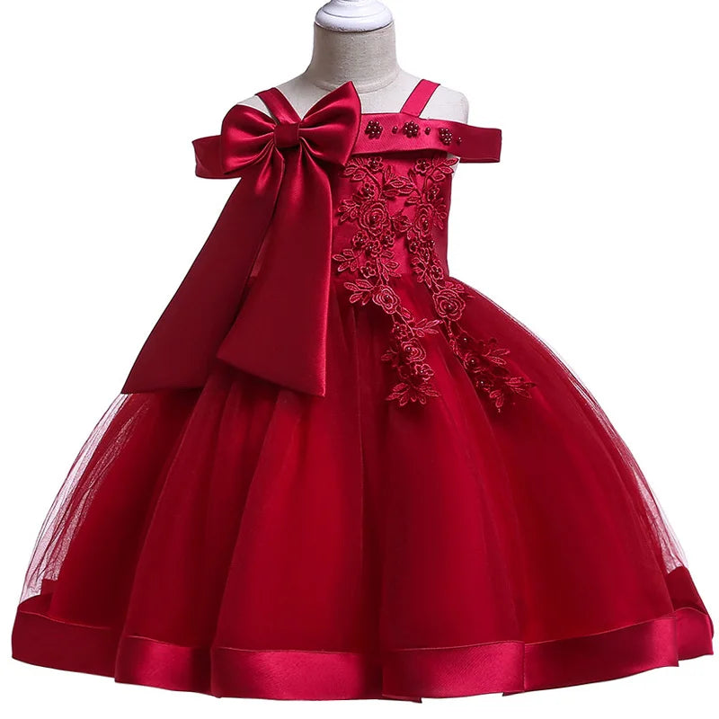 3-10 Years Kids Christmas Party Dresses For Girls Appliques Flower Elegant Wedding Dress With Bow Children Birthday Prom Gown