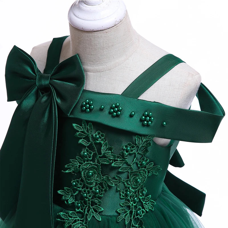 3-10 Years Kids Christmas Party Dresses For Girls Appliques Flower Elegant Wedding Dress With Bow Children Birthday Prom Gown