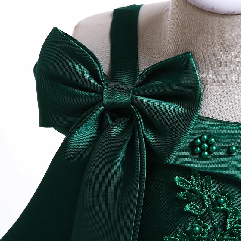 3-10 Years Kids Christmas Party Dresses For Girls Appliques Flower Elegant Wedding Dress With Bow Children Birthday Prom Gown