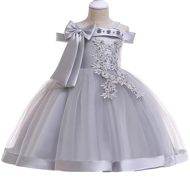3-10 Years Kids Christmas Party Dresses For Girls Appliques Flower Elegant Wedding Dress With Bow Children Birthday Prom Gown