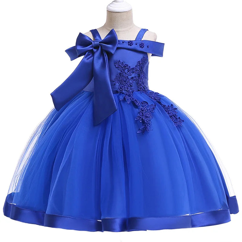 3-10 Years Kids Christmas Party Dresses For Girls Appliques Flower Elegant Wedding Dress With Bow Children Birthday Prom Gown