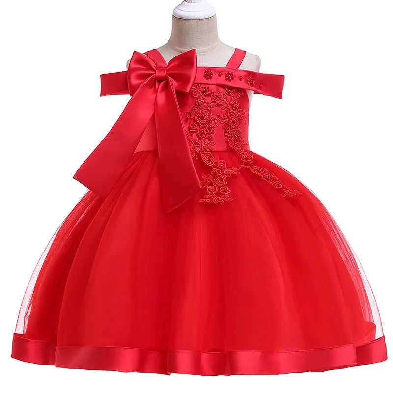 3-10 Years Kids Christmas Party Dresses For Girls Appliques Flower Elegant Wedding Dress With Bow Children Birthday Prom Gown