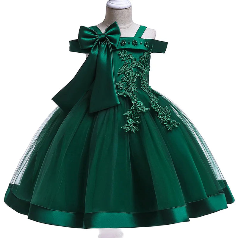 3-10 Years Kids Christmas Party Dresses For Girls Appliques Flower Elegant Wedding Dress With Bow Children Birthday Prom Gown