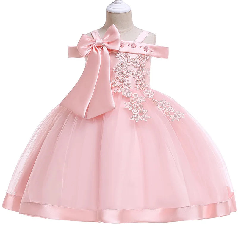 3-10 Years Kids Christmas Party Dresses For Girls Appliques Flower Elegant Wedding Dress With Bow Children Birthday Prom Gown