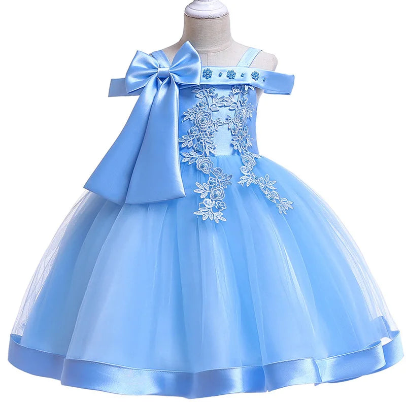 3-10 Years Kids Christmas Party Dresses For Girls Appliques Flower Elegant Wedding Dress With Bow Children Birthday Prom Gown