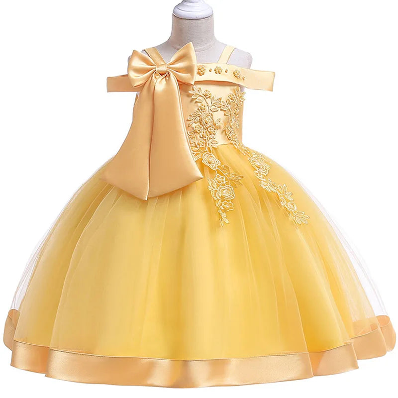 3-10 Years Kids Christmas Party Dresses For Girls Appliques Flower Elegant Wedding Dress With Bow Children Birthday Prom Gown