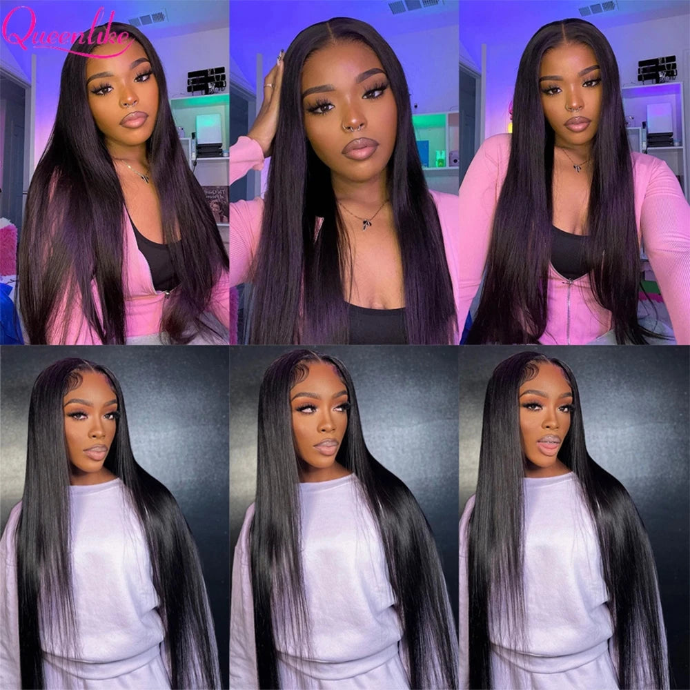 Queenlike Straight Human Hair Bundles with 2x6 Deep Middle Part HD Lace Closure 12A Brazilian Raw Hair Bundles with Closures