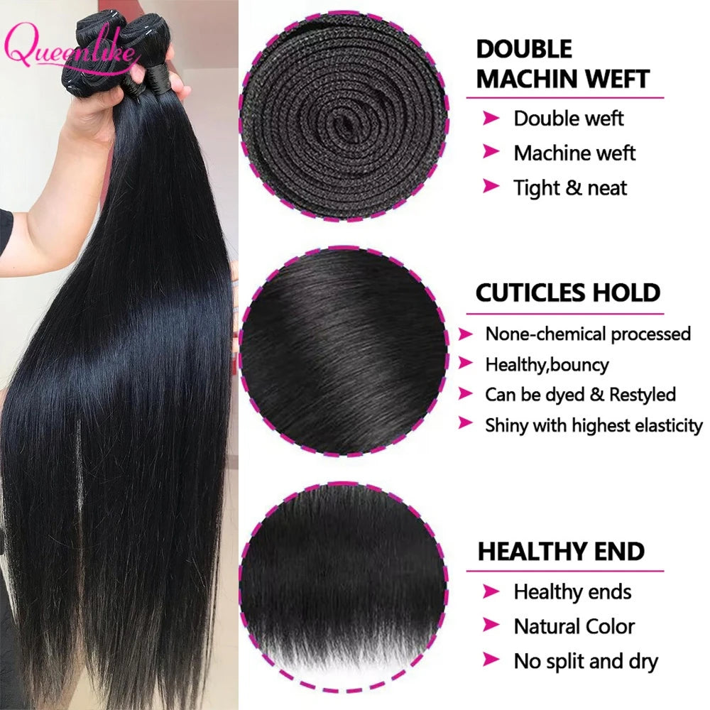 Queenlike Straight Human Hair Bundles with 2x6 Deep Middle Part HD Lace Closure 12A Brazilian Raw Hair Bundles with Closures