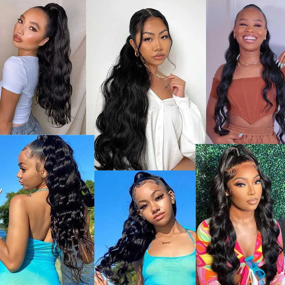 150g Body Wave Drawstring Human Hair Ponytail Real Human Hair Wavy Pony Tail With Clips Extension 16-26 Inches