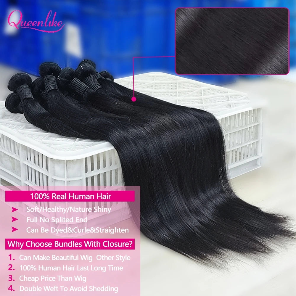 Queenlike Straight Human Hair Bundles with 2x6 Deep Middle Part HD Lace Closure 12A Brazilian Raw Hair Bundles with Closures
