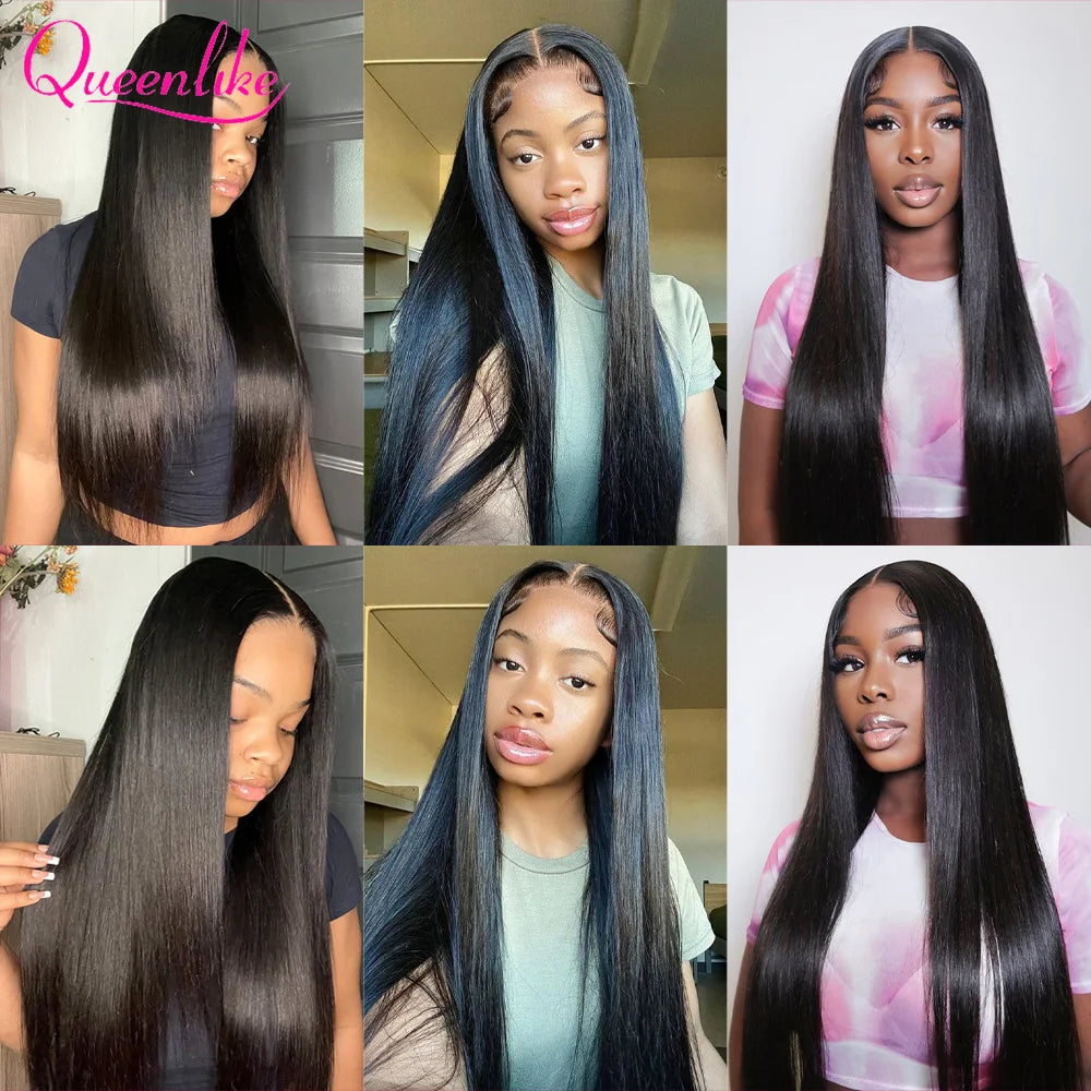 Queenlike Straight Human Hair Bundles with 2x6 Deep Middle Part HD Lace Closure 12A Brazilian Raw Hair Bundles with Closures