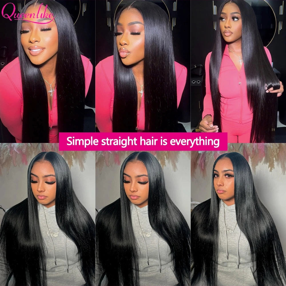 Queenlike Straight Human Hair Bundles with 2x6 Deep Middle Part HD Lace Closure 12A Brazilian Raw Hair Bundles with Closures