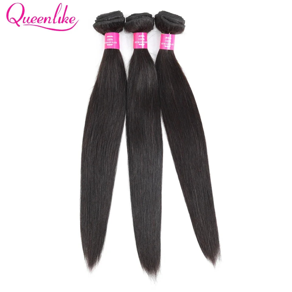 Queenlike Straight Human Hair Bundles with 2x6 Deep Middle Part HD Lace Closure 12A Brazilian Raw Hair Bundles with Closures