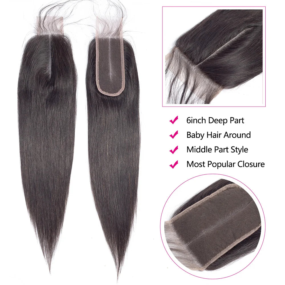 Queenlike Straight Human Hair Bundles with 2x6 Deep Middle Part HD Lace Closure 12A Brazilian Raw Hair Bundles with Closures