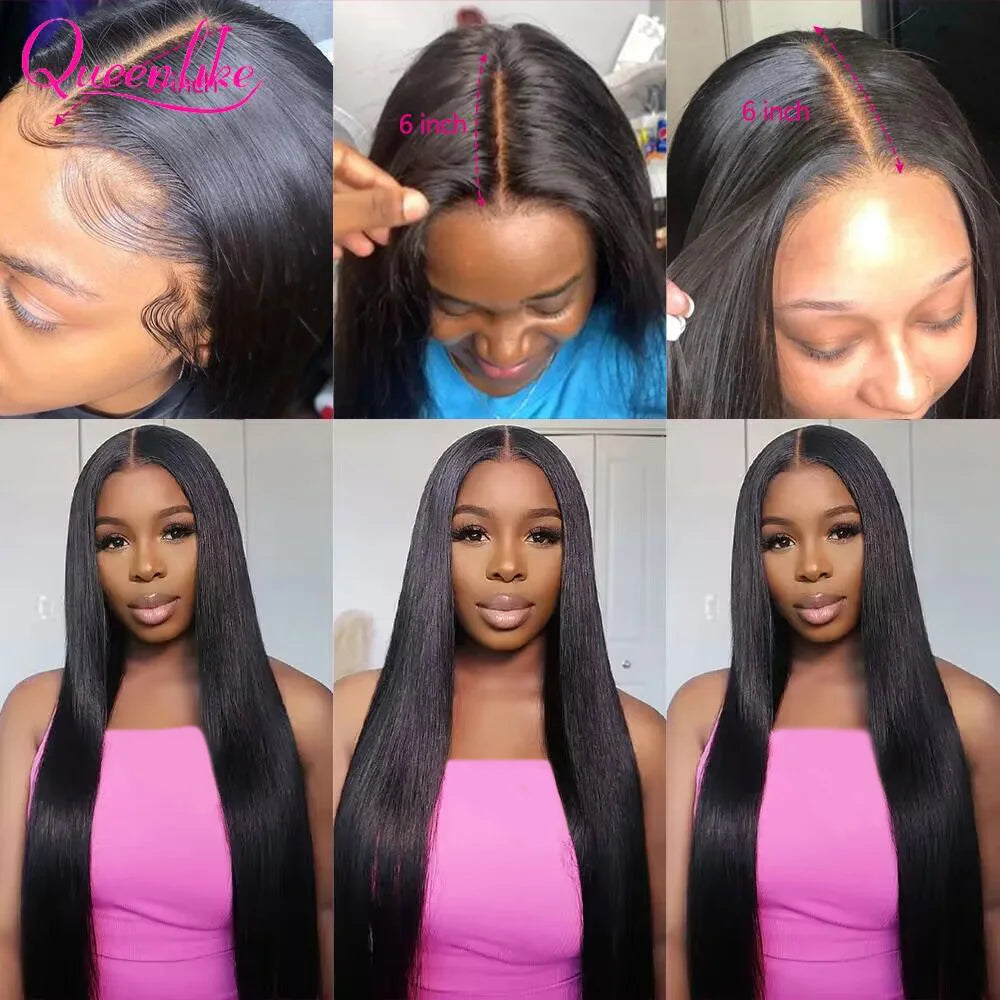 Queenlike Straight Human Hair Bundles with 2x6 Deep Middle Part HD Lace Closure 12A Brazilian Raw Hair Bundles with Closures