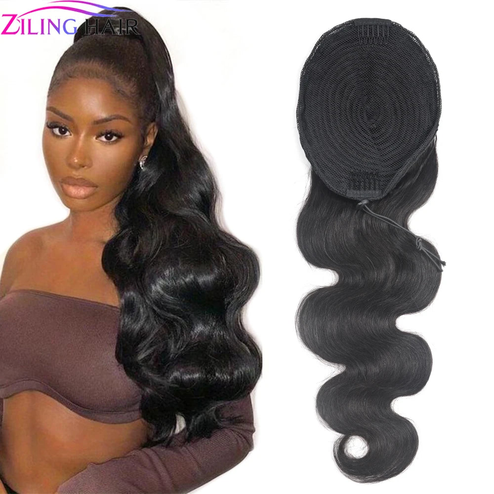 150g Body Wave Drawstring Human Hair Ponytail Real Human Hair Wavy Pony Tail With Clips Extension 16-26 Inches