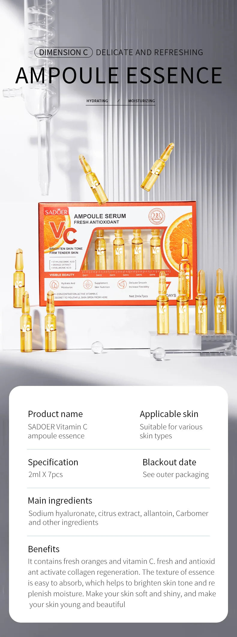 Vitamin C Face Whitening Serum Dark Spots Freckles Removal Hyaluronic Pore Minimizer Anti Aging Wrinkle Remove Golder Essence