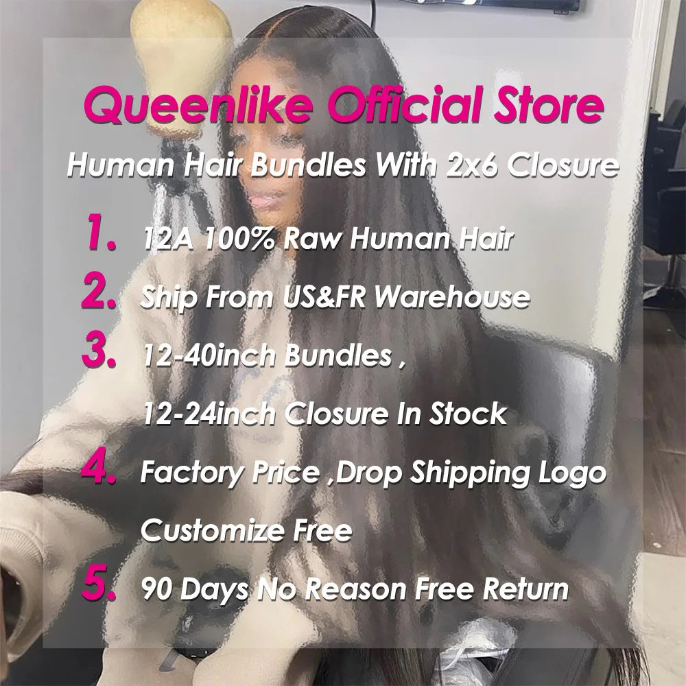 Queenlike Straight Human Hair Bundles with 2x6 Deep Middle Part HD Lace Closure 12A Brazilian Raw Hair Bundles with Closures