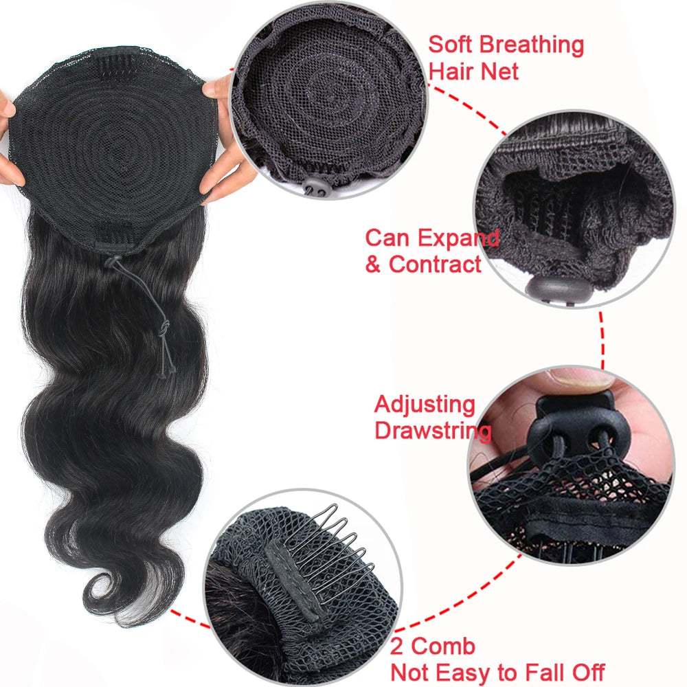 150g Body Wave Drawstring Human Hair Ponytail Real Human Hair Wavy Pony Tail With Clips Extension 16-26 Inches