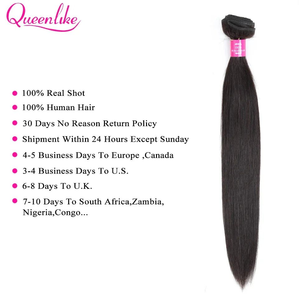Queenlike Straight Human Hair Bundles with 2x6 Deep Middle Part HD Lace Closure 12A Brazilian Raw Hair Bundles with Closures