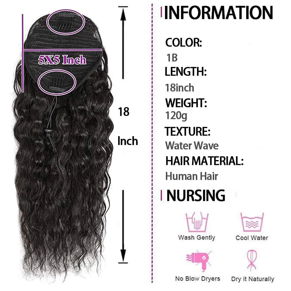100% Human Hair Drawstring Ponytail Extension Water Wave Straight Kinky Curly Corn Wave Ponytail Clip in Ponytails Extensions
