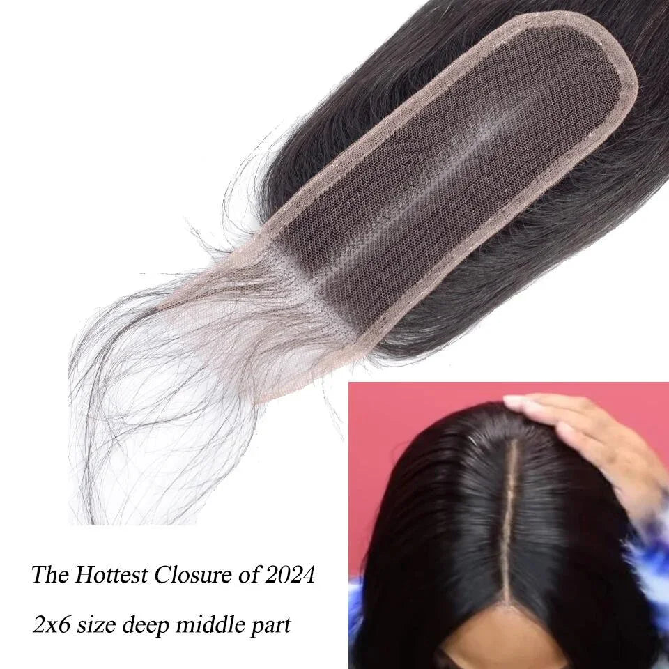 Queenlike Straight Human Hair Bundles with 2x6 Deep Middle Part HD Lace Closure 12A Brazilian Raw Hair Bundles with Closures