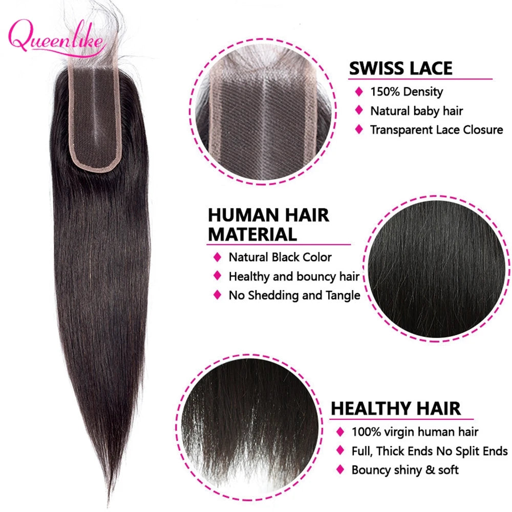Queenlike Straight Human Hair Bundles with 2x6 Deep Middle Part HD Lace Closure 12A Brazilian Raw Hair Bundles with Closures