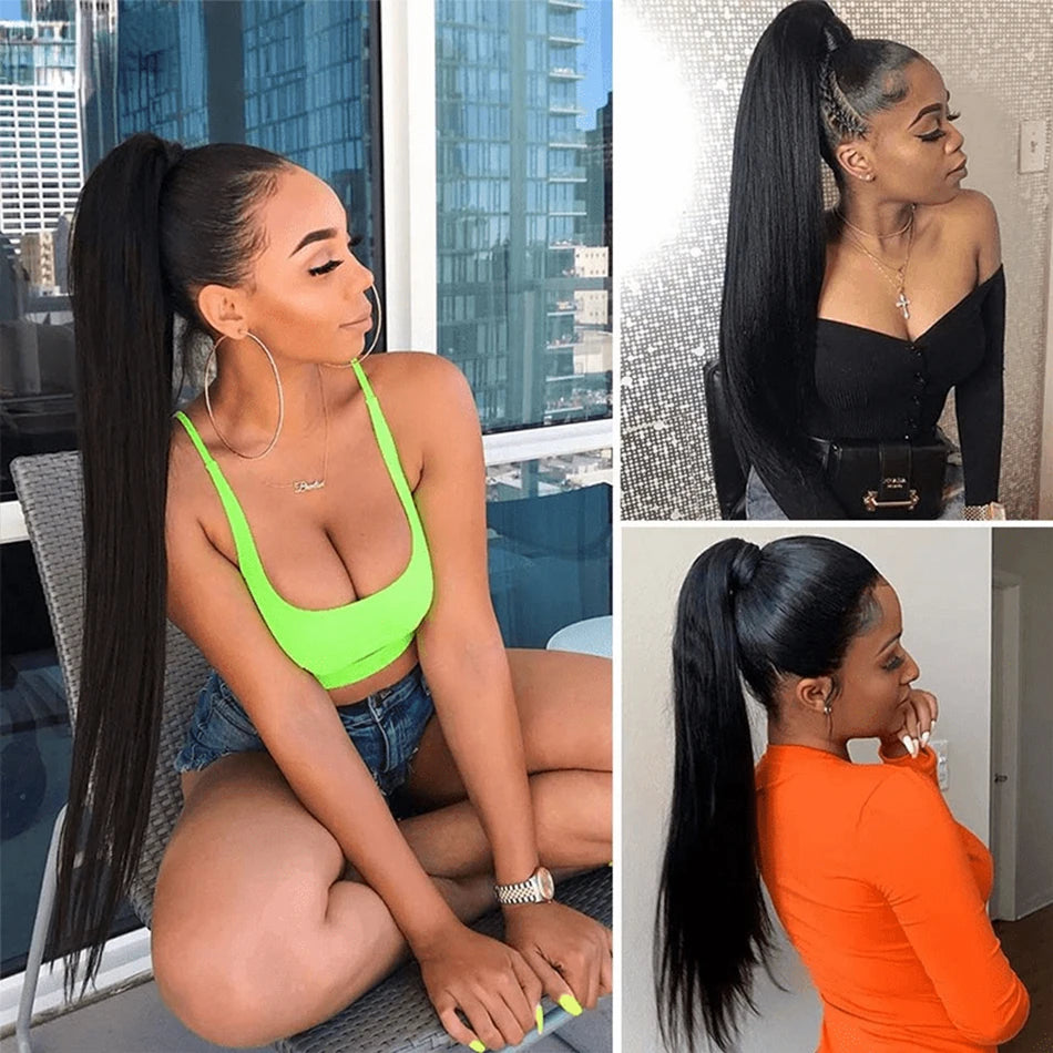 100g Ponytail Clip In Hair Extensions Ponytail Humans Hair Straight Wrap Around Drawstring Brazilian HairPiece For Black Women