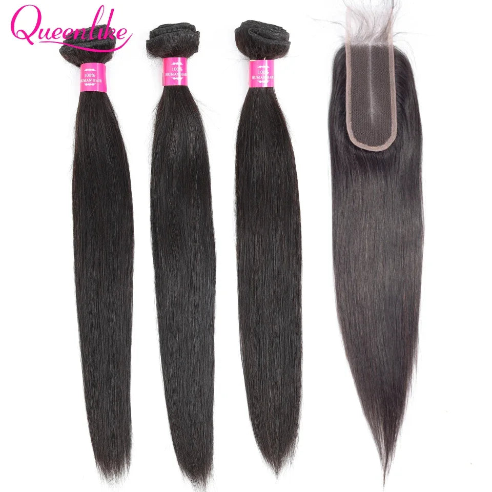 Queenlike Straight Human Hair Bundles with 2x6 Deep Middle Part HD Lace Closure 12A Brazilian Raw Hair Bundles with Closures
