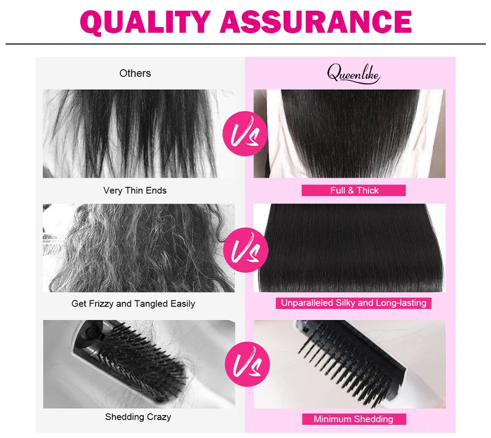 Queenlike Straight Human Hair Bundles with 2x6 Deep Middle Part HD Lace Closure 12A Brazilian Raw Hair Bundles with Closures