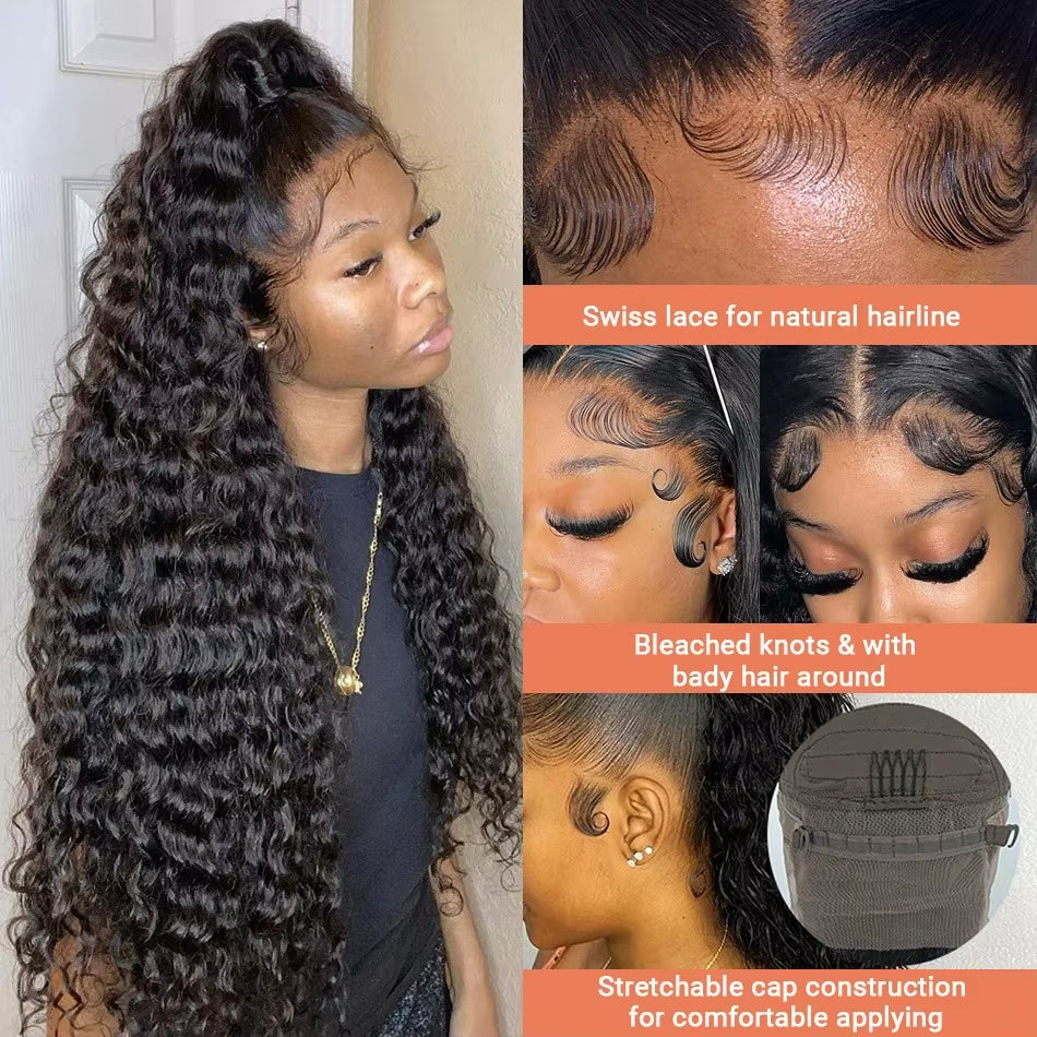 250 Density Water Wave Curly 13X6 Deep Wave HD Transparent Lace Frontal Human Hair Wigs 30 40 Inch 13X4 Lace Front Wig Brazilian