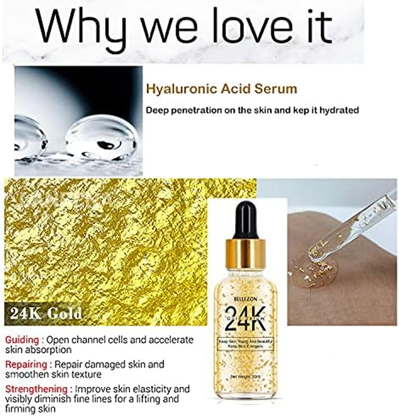 , 24K Gold Serum Moisturizing Essence, 99% Pure Gold Anti-Aging Essence, Nourishing Anti-Aging Gold Serums for Face Skin Anti-Aging Skin Repair Moisture Firming Lifting Skin