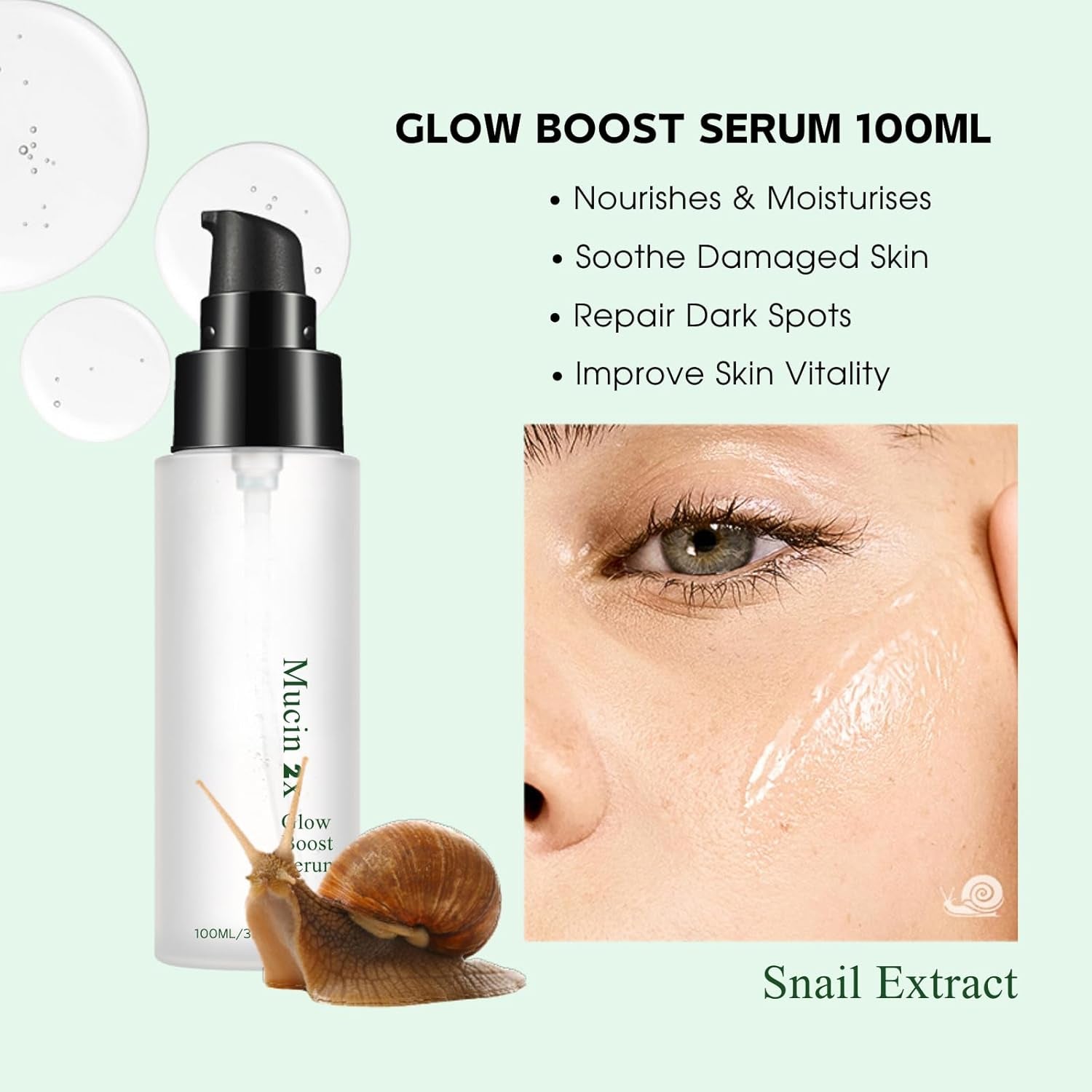 Snail Mucin Essence, Glow Boost Face Serums, Snail Facial Serum, Hydrating Serum, Niacinamide Serum with Niacinamide Snail Secretion Filtrate, for Dehydrated Damaged Skin Repair